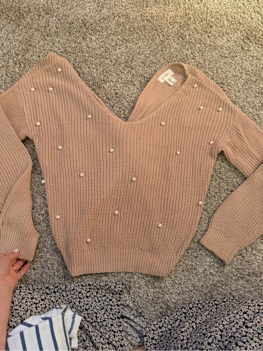 Jessica Simpson Blush Beige Pearl-Accent V-Neck Sweater